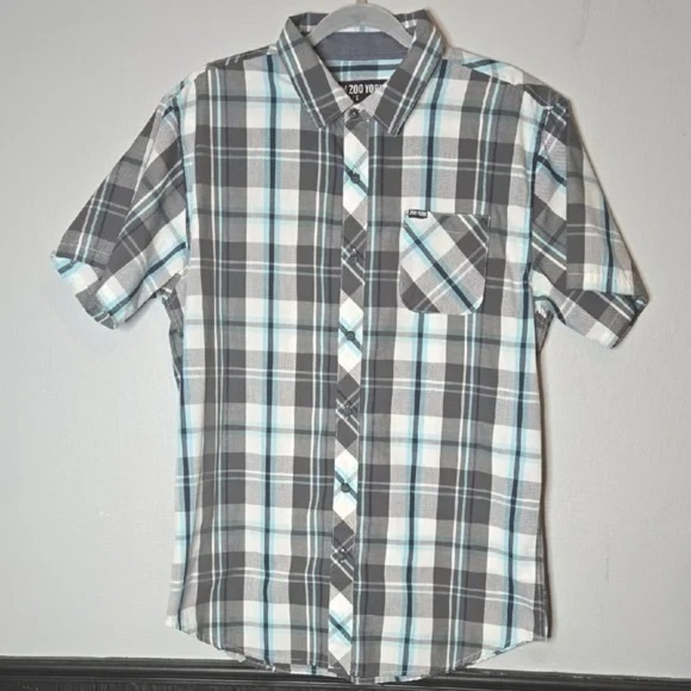 Zoo York Short Sleeve Plaid Button-down, Gray‎ Blue White, Large